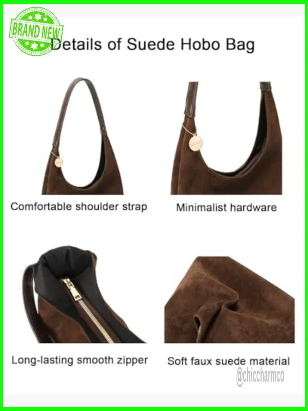 Large Slouchy Hobo Tote Bag, Faux Suede, Zipper Closure, Shoulder Strap
